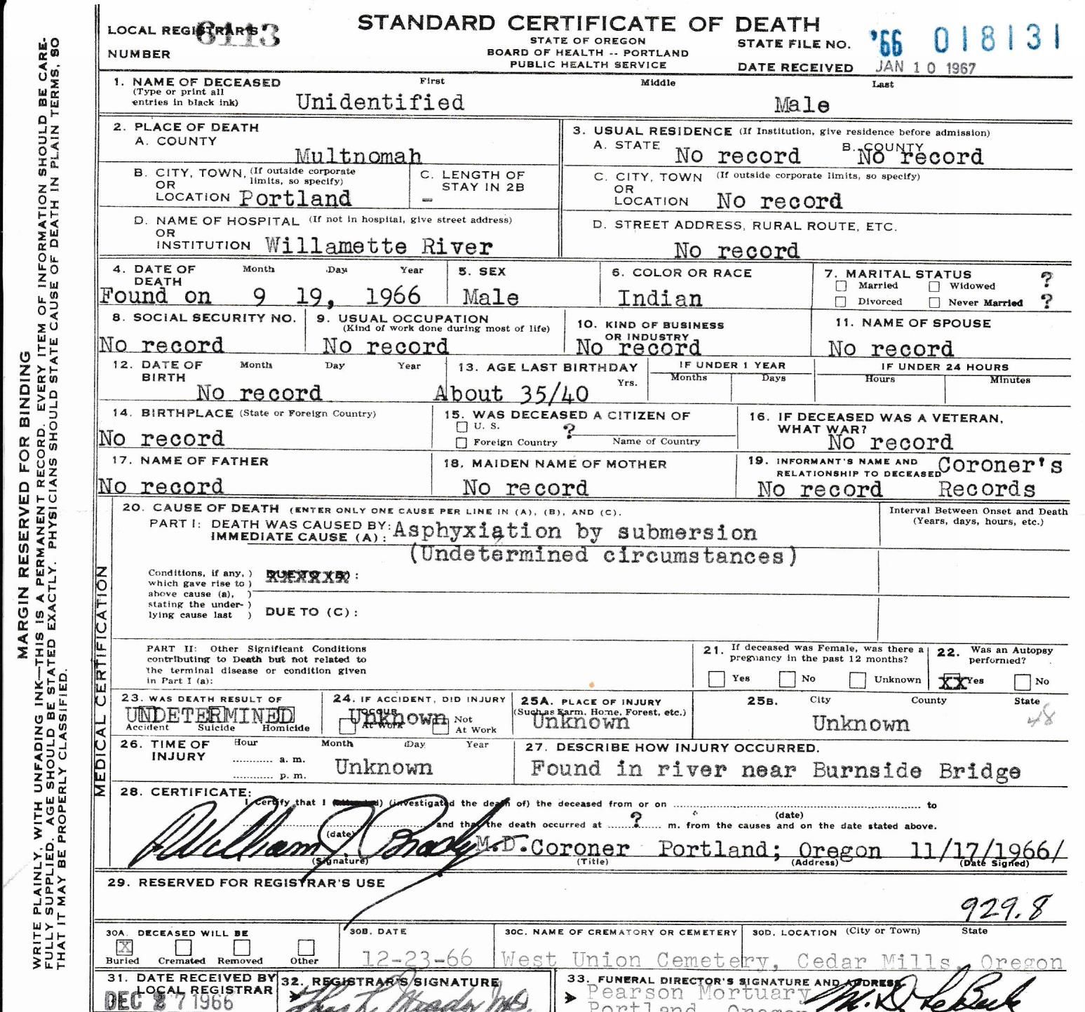death certificate unidentified native american oregon